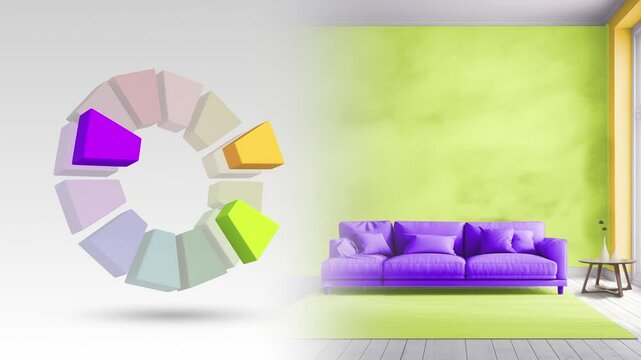 Split complementary color scheme of yellow green,violet,yellow orange for living interior