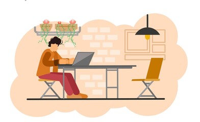 Fototapeta premium Flat illustration of a man working on a laptop at a minimalist desk. The background shows brick walls, hanging plants, and a modern lamp, creating a cozy workspace. Ideal for remote work