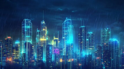 Fototapeta premium Futuristic Cityscape in the Rain - Glowing city skyline, neon lights, rain, technology, future. Represents innovation, progress, and urban development.
