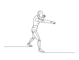 Obraz premium Continuous line drawing art of Humanoid robot fight pose. Cyborg in single line draw with editable stroke.