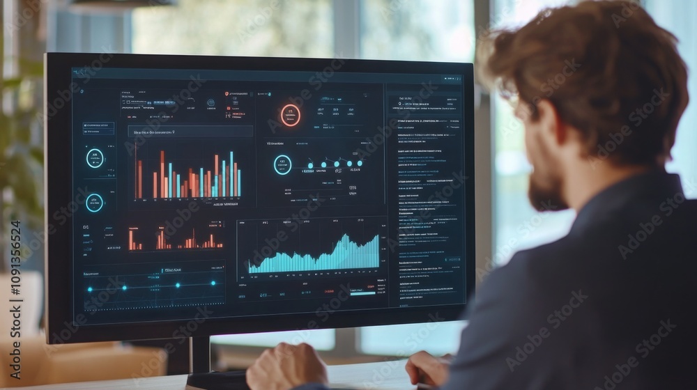 Poster A person is focused on analyzing various data visualizations displayed on a large monitor in a contemporary office setting. The analytics dashboard features colorful graphs and charts.