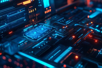 Fototapeta premium Futuristic Tech Circuitry: Vibrant Blue and Orange - Futuristic technology, digital interface, glowing circuit board, technological innovation, abstract background.