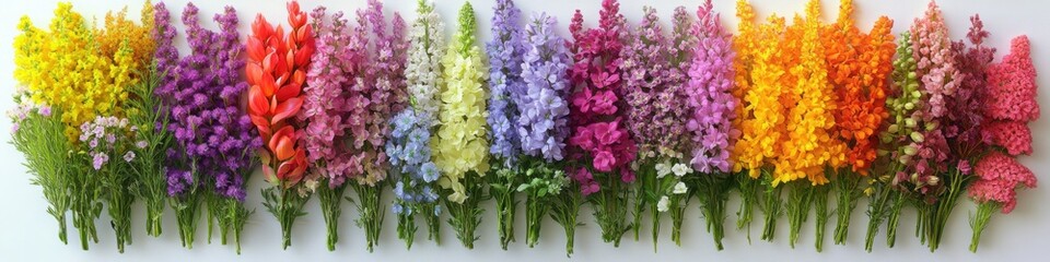 Fototapeta premium A row of colorful snapdragon flowers in rainbow hues arranged horizontally against a white background, ideal for banners, posters, and floral backgrounds.