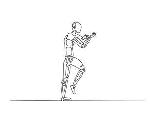 Continuous line drawing art of Humanoid robot fight pose. Cyborg in single line draw with editable stroke.