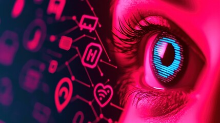 Obraz premium Close-up of human eye blue digital symbol in the iris, surrounded by vibrant pink and purple hues filled with tech and social mediicons, symbolizing human connection through technology.