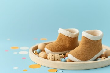 baby shower celebration and special, Adorable baby boots in a soft brown hue, nestled on a wooden platter surrounded by colorful beads and dots against a serene blue background.