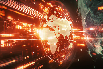 A holographic shield overlays world map, showcasing vibrant digital landscape with glowing lines and data streams. This image evokes sense of technological advancement and global connectivity