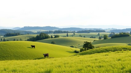 Fototapeta premium Serene Pastoral Landscape: Green Meadows and Cows in Rolling Hills, Perfect for Wall Art or Home Decor