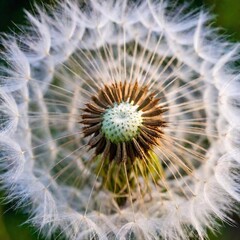 Obraz premium an extreme macro shot of a dandelion seed pod, capturing the detailed structure of the individual seeds, the delicate, wispy filaments, and the slightly curved, transparent surface of each seed