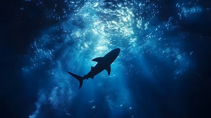 Fototapeta premium Shark swimming in the deep blue ocean, surrounded by shimmering light and silhouetted fish in the background