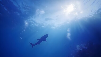 Obraz premium Shark swimming in the deep blue ocean, surrounded by shimmering light and silhouetted fish in the background