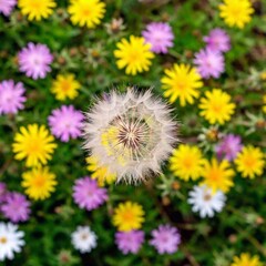 Obraz premium a birds-eye-view shot of a dandelion meadow interspersed with other wildflowers. Show the dandelions forming clusters and patterns within the larger floral tapestry, with a focus on the colorful contr