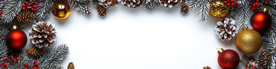 Obraz premium A festive Christmas frame with pinecones, baubles, and seasonal decorations surrounding a clean white copy space, perfect for banners, greeting cards, or holiday posters.