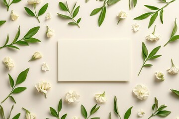 Naklejka premium baby shower celebration and special, A flat lay arrangement featuring white flowers and green leaves surrounding a blank card on a neutral background.