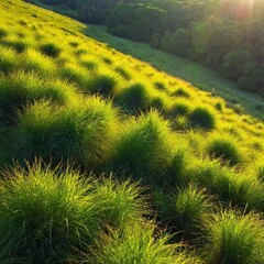 Obraz premium A full shot birds-eye-view photo of a sunlit meadow scenery, with soft focus on the gentle waves of the grass and the interplay of light and shadow.