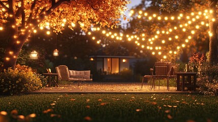 Obraz premium Home garden illumination autumn evening patio festive party lights