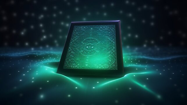 Glowing Digital Monolith Rests on a Dark Green Surface