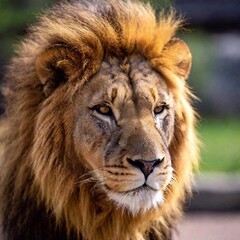 Fototapeta premium A close-up photo of a lion resting with its eyes half-closed, deep focus on its relaxed facial features and mane, eye-level shot capturing a peaceful and contemplative moment
