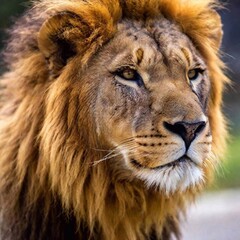 Obraz premium A close-up photo of a lion resting with its eyes half-closed, deep focus on its relaxed facial features and mane, eye-level shot capturing a peaceful and contemplative moment