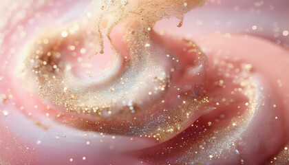 Obraz premium Sparkling fluid. Liquid ink color mix. Blurred beige peach color shiny dust particles acrylic paint swirl water emulsion flow abstract art background.