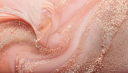Obraz premium Sparkling fluid. Liquid ink color mix. Blurred beige peach color shiny dust particles acrylic paint swirl water emulsion flow abstract art background.