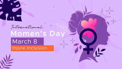 Fototapeta premium Concept design commemorating international women's day, March 8. Inspiring inclusion. The design features an illustration of a woman's silhouette looking sideways, stars and female gender symbols