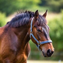 Fototapeta premium A close-up photo of a horse's head turned slightly to the side, deep focus capturing the fine details of its coat, ears, and the soft curve of its neck, eye-level shot to highlight the horse's intelli