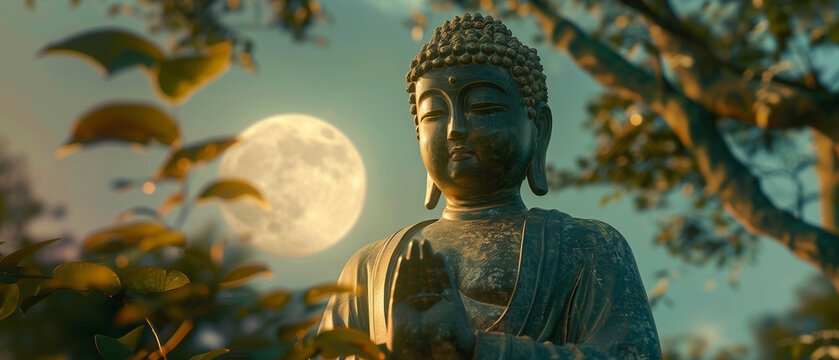 A stunning close-up of the , with the moon positioned directly behind the statue’s head, creating a glowing halo effect - Powered by Adobe