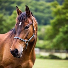 Obraz premium A close-up photo of a horse's eyes reflecting a scenic landscape, deep focus revealing the depth and clarity in its eyes and the faint outline of its surroundings, eye-level shot to emphasize the conn