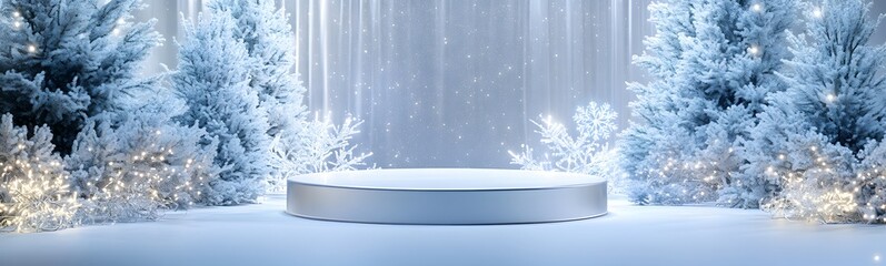 A frosty podium with delicate silver accents and sparkling snowflakes, surrounded by glowing fairy lights. The winter backdrop features snow-covered trees and a soft dusk glow, providing an ideal