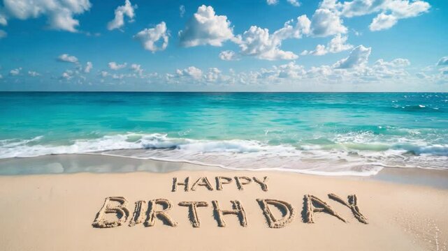 Sand is etched with a birthday message while gentle waves lap at the shore, creating a festive atmosphere under a bright sky