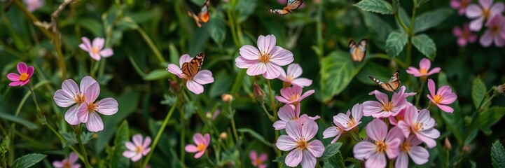 Delicate pink flowers blooming in a lush green meadow with butterflies flitting about and leaves rustling softly, floral pattern, whimsical illustration, floral arrangement