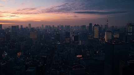 Obraz premium Stunning cityscape sunrise, urban skyline, hazy atmospheric perspective.
