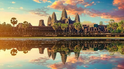 Fototapeta premium Stunning sunrise reflection of Angkor Wat temple in Cambodia.