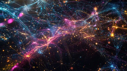 Fototapeta premium Dynamic visualization of interconnected networks representing global social media interactions, illuminated by vibrant, luminous threads of data.