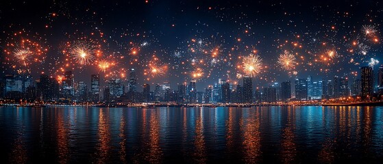 Fototapeta premium A vibrant city skyline illuminated by fireworks over a reflective water surface at night.