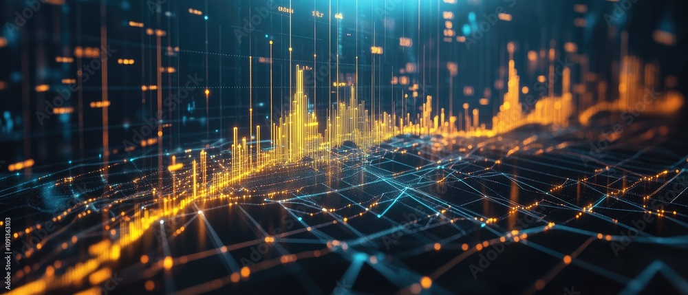Wall mural abstract digital cityscape with glowing lines and data points.