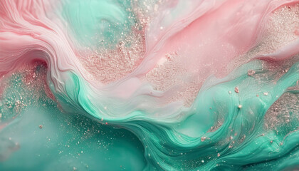 Fototapeta premium Sparkling fluid. Liquid ink color mix. Blurred pink mint color shiny dust particles acrylic paint water emulsion flow abstract art background.