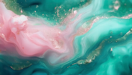 Obraz premium Sparkling fluid. Liquid ink color mix. Blurred pink mint color shiny dust particles acrylic paint water emulsion flow abstract art background.