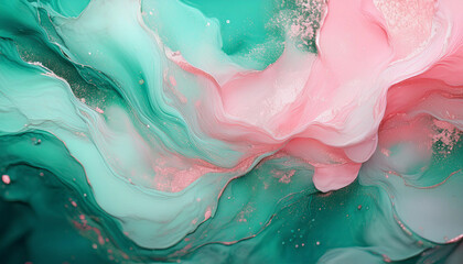 Fototapeta premium Sparkling fluid. Liquid ink color mix. Blurred pink mint color shiny dust particles acrylic paint water emulsion flow abstract art background.