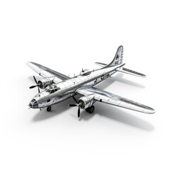 Fototapeta premium Miniature model of a vintage WWII military aircraft bomber, plane showcasing intricate detail and design. A toy airplane isolated on a white background.