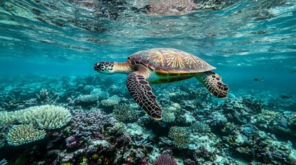 Obraz premium Underwater sea turtle gracefully swimming over vibrant coral reef.
