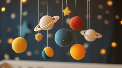 Handmade felt and wood baby crib mobile with colorful planets, stars, and moon; eco-friendly design perfect for newborns with personalization option available.