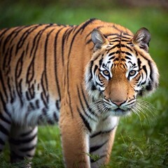 Fototapeta premium close-up of a tiger fur, the rich orange and black stripes in sharp focus, while the rest of the animal and the forest floor gradually fade into a gentle blur, giving texture to its coat
