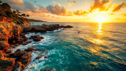 A breathtaking sunset over a tranquil ocean, with vibrant colors bathing the sky and waves gently crashing against rocky formations.