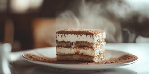 close-up of a traditional tiramisu, layered with mascarpone and dusted cocoa powder, served in an elegant glass dish, soft-focus background and surrounding