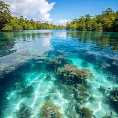 High-Angle View of Mangrove Trees in Shallow Water: High-angle shot showing mangrove trees with their roots submerged in clear water, creating intricate patterns in the shallow seabed.