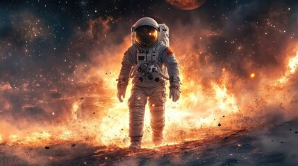 Naklejka premium Astronaut Walks Through Fiery Cosmic Landscape