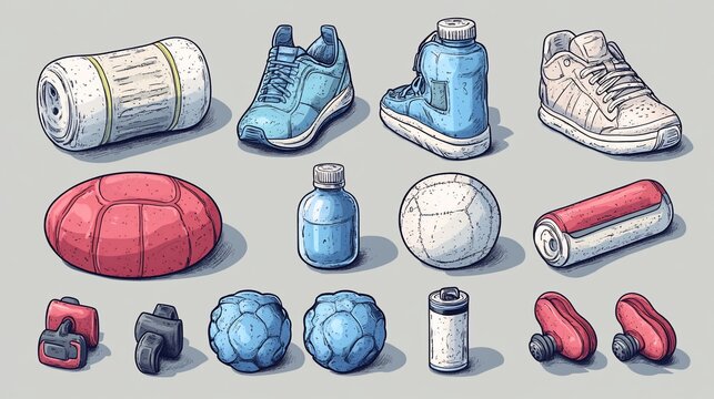 A collection of sports equipment and accessories for fitness activities. - Powered by Adobe