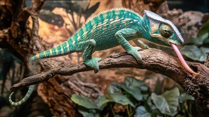 Turquoise chameleon on branch, tongue extended.